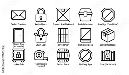Various secure objects and prohibition symbols illustrated in black and white icons