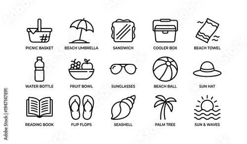 Summer beach essentials: icon set featuring umbrella, cooler, sunglasses, flip flops, and more