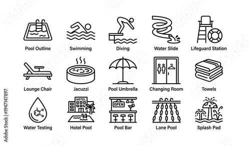 Swimming pool activities icons: swimming, diving, water slide, jacuzzi, lounge chair, lifeguard