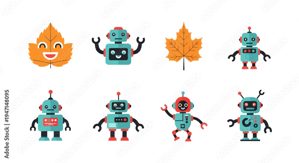 Fototapeta premium Cartoon robots and autumn leaves illustration