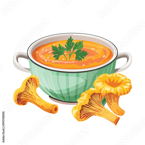 Delicious mushroom soup in a green bowl with chanterelle mushrooms isolated