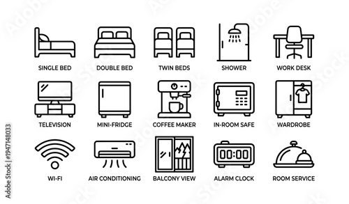 Hotel room icon set including bed, shower, and amenities