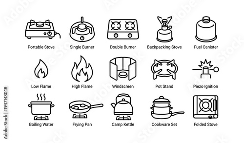 Camping stove equipment icons including burners, flame, and cookware set