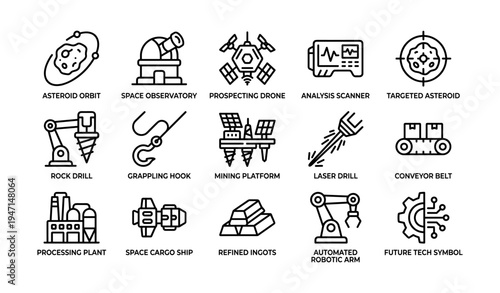 Industrial space mining icons: asteroid, observatory, drone, scanner, laser