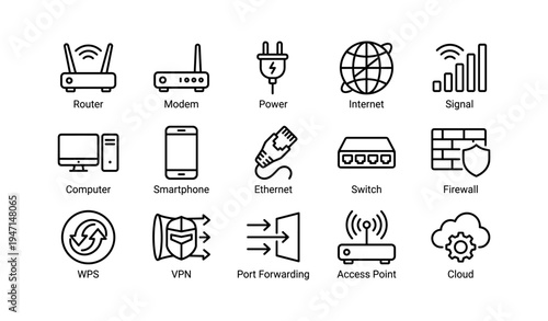Essential network symbols collection: router, modem, power, internet, signal, and more