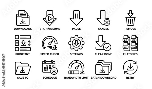 Download management icons: control, speed, settings, file types