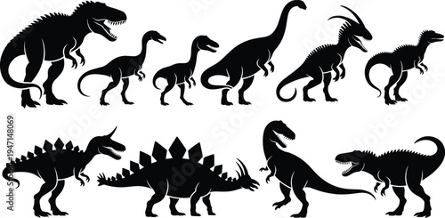 Collection of Black Silhouette Dinosaurs prehistoric ancient