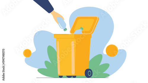 Recycling Plastic Bottle by Hand into Yellow Bin, Flat Vector Illustration