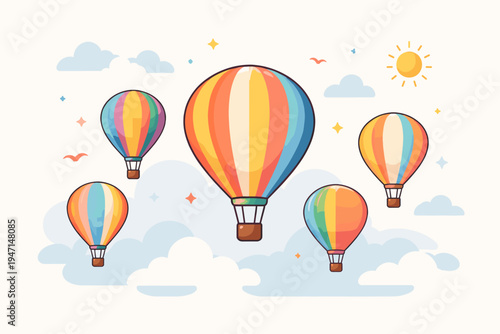 Vibrant multi-colored hot air balloons soaring through a peaceful sky with soft white clouds, a golden sun, and flying birds. Simple flat vector illustration for travel and adventure themes.