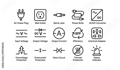 Electrical symbols for power and protection: plugs, adapters, converters, protection indicators