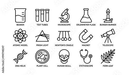 Science icons set featuring laboratory equipment and scientific symbols