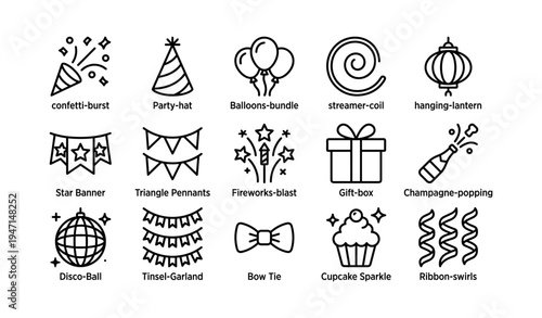 Celebration icons set featuring party hat, balloons, streamers, lantern, and gift box