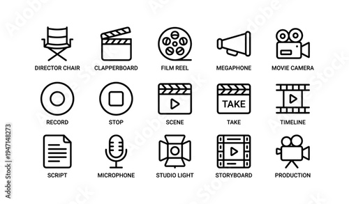 Cinematic icons set featuring director chair, clapperboard, film reel, and movie camera