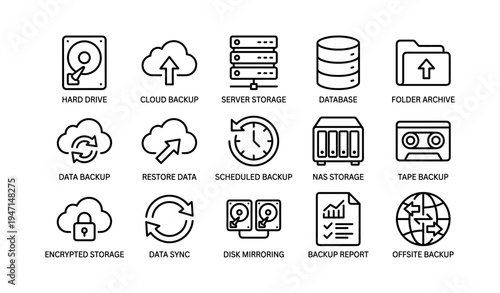 Data storage and backup solutions icons with disk, cloud, server, and encryption