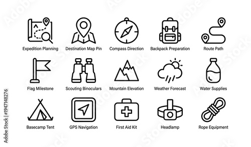 Outdoor adventure icons illustrating expedition planning and navigation