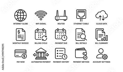 Internet and payment icons: globe, wifi, cloud, invoice, calendar, bank, wallet