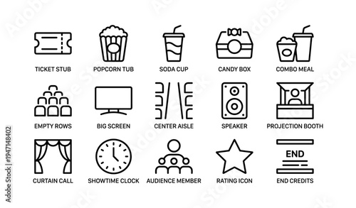Icon set for cinema experience: tickets, snacks, seating, and more