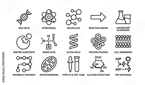 Scientific icons: dna helix, atom model, enzyme-substrate, glucose structure