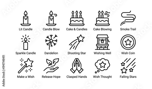 Icon set of wishing symbols: candles, stars, and wishes