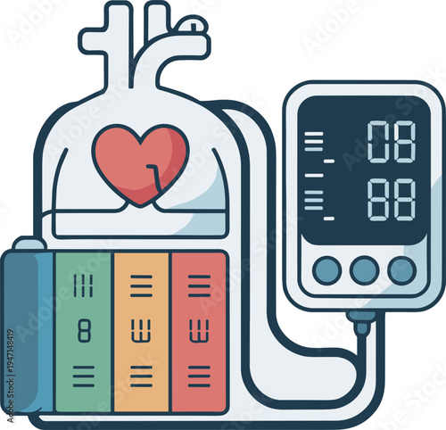 Blood pressure monitor illustration, human heart anatomy, cardiovascular health concept, medical wellness design, healthcare symbol, fitness lifestyle, circulatory system art