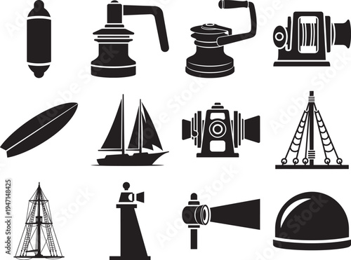Nautical Deck Equipment and Marine Hardware Icon Set - Vector Sailboat, Winch, Mast, and Searchlight