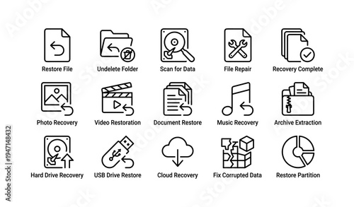 Data recovery and file restoration icons collection