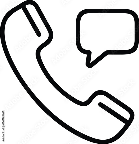 A black line drawing of a telephone with a speech bubble
