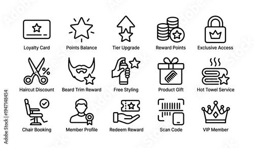 Loyalty program icons: rewards, upgrades, discounts, and exclusive services