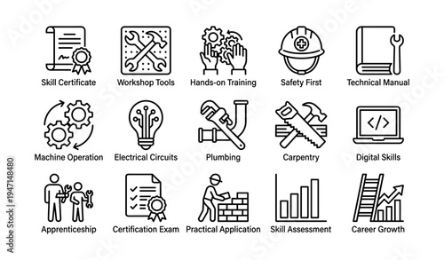 Educational icons for technical skills and trades training with certification