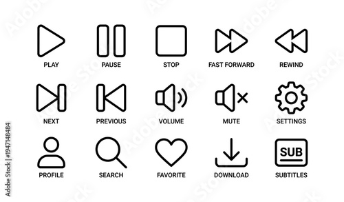 Set of media control icons: play, pause, stop, forward, rewind, and more