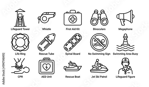 Essential lifeguard equipment icons set for safety and rescue operations
