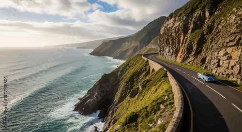Classic Convertible Car Driving Along Scenic Pacific Coast Highway