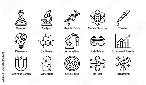 Science icon set: reaction, dna, atomic structure, robotics, exploration