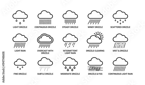 Weather icons illustrating various types of drizzle and light rain conditions