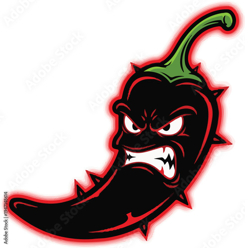 An angry cartoonish black chili pepper with a fierce expression