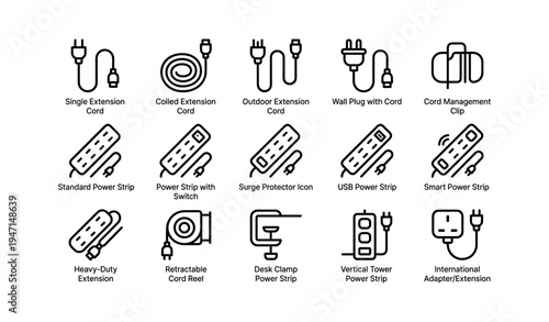 Electrical cable icons: extension cords, power strips, and adapters