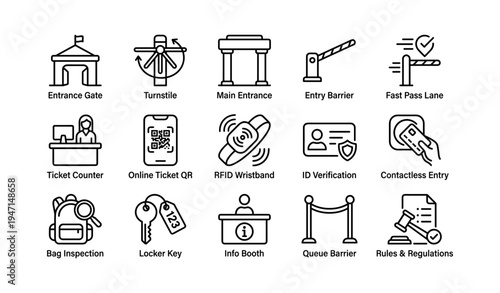 Icon set of security and entry symbols for public venues