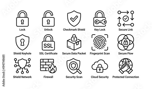 Digital security icons: lock, ssl, firewall, fingerprint, cloud shield
