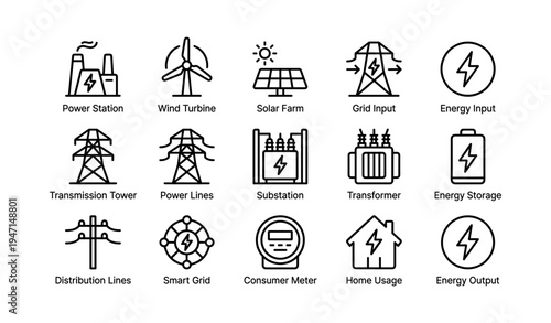 Energy production icons: solar, wind, power stations, smart grid, transformers