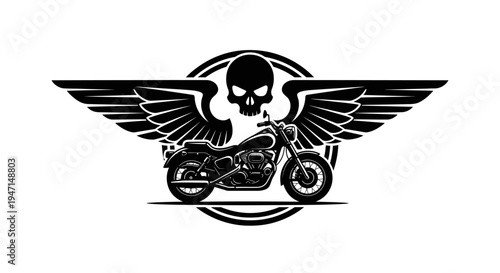 Vintage Biker Motorcycle Emblem with Skull and Wings Graphic. Classic Chopper Cruiser Design Illustration for Apparel.