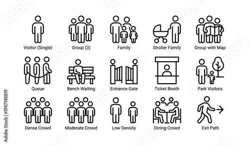 Diverse icon set for public spaces: family, queue, crowd, park, exit