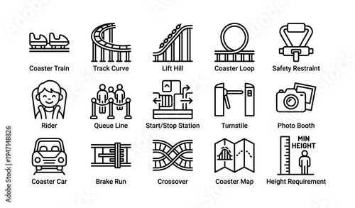 Amusement park icon set featuring coaster train, safety restraint, and photo booth designs