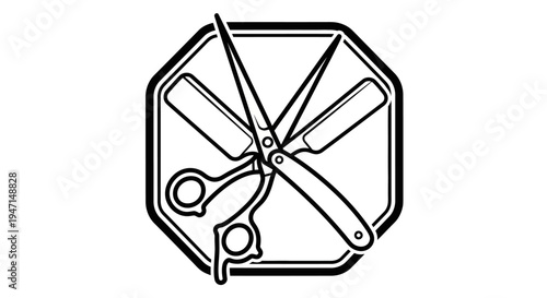Black and white barbershop tools icon with classic scissors and straight razors in an octagonal frame. Haircut styling vector illustration.