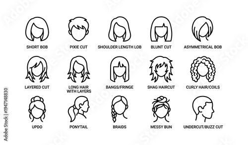 Variety of women's hairstyles: bob, pixie, lob, updo, braids, ponytail