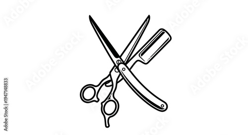 Vintage Barber Tools Illustration: Crossed Hairdressing Scissors and Straight Razor. Retro Grooming and Haircut Emblem Icon.