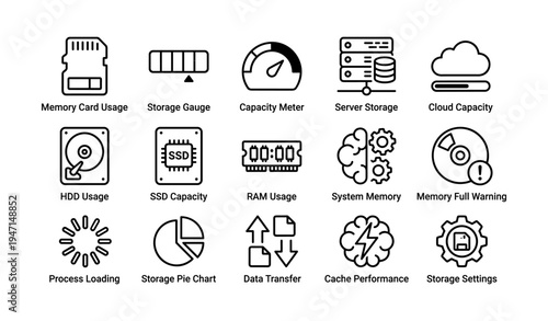 Set of technology icons representing storage, memory, and data management