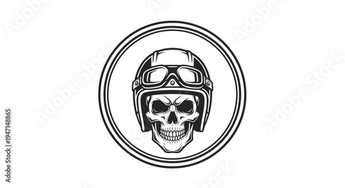 Classic Biker Skull Wearing Retro Motorcycle Helmet with Goggles in Round Frame. Vintage Monochromatic Vector Illustration.