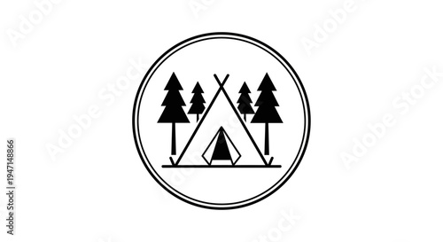 Simple outdoor camping icon featuring a teepee tent and evergreen trees in a circular line art design, nature adventure graphic.