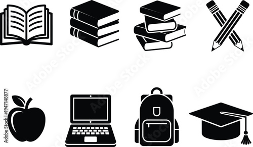Collection of black silhouette icons related to education and learning Keywords: education, learning, school, books, open book