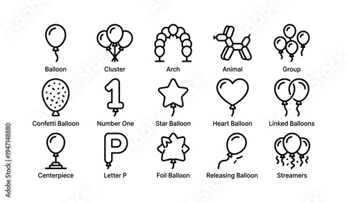 Balloon icon set: cluster, arch, heart, animal, star, letter p, confetti, streamers
